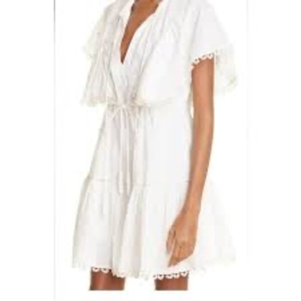 FARM Rio White 3D Flower Swiss Dot Tassel Mini Dress Flutter Sleeve White XS